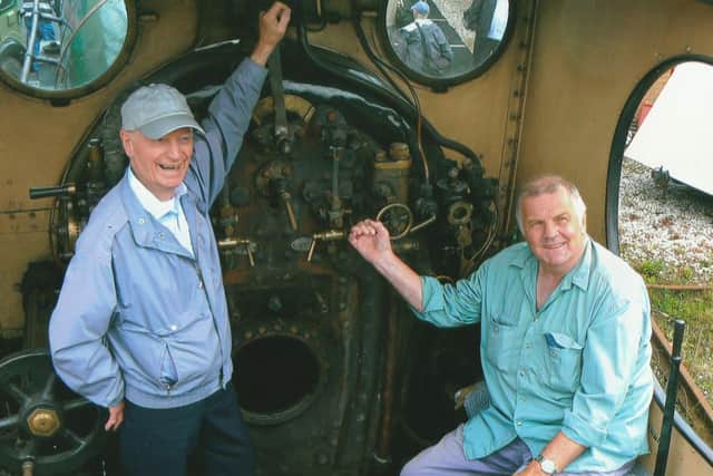 Vinny (left) with ex-fireman, Paul Tuson, on the footplate, together again after 40 years.