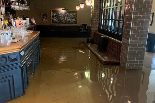 Flood water reached 2.5ft during yesterday's flooding at the Ribchester Arms. Pic: Leanne. @Leanne_Bayes
