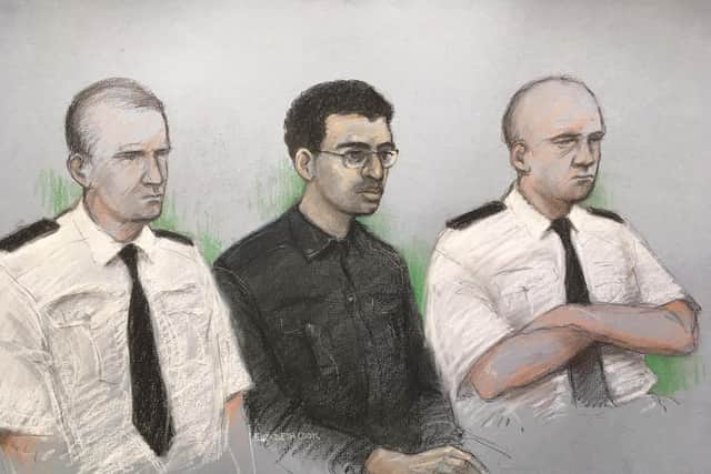 Hashem Abedi, younger brother of the Manchester Arena bomber, in the dock at the Old Bailey in London accused of mass murder  (Court artist sketch by Elizabeth Cook)