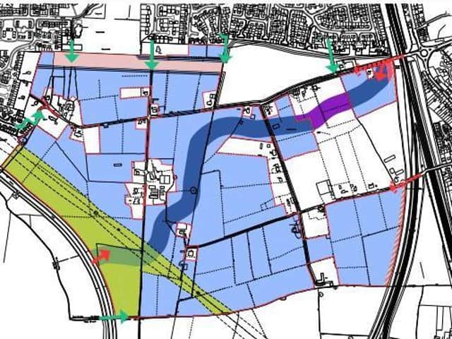The proposed route of the link road (dark blue) through the Pickerings Farm site from Penwortham Way in the west and Leyland Road in the east.