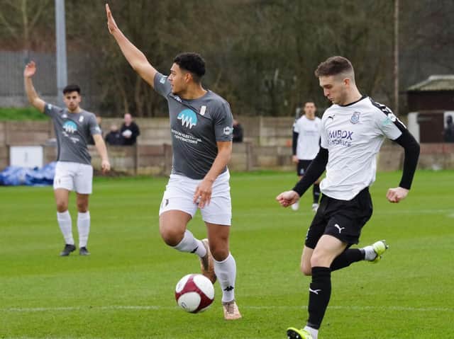 Matt Dudley opens the scoring Brig against Grantham Town on Saturday
Photo: Ruth Hornby