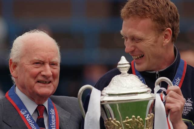 Sir Tom Finney and David Moyes with the Second Division trophy after Preston's 3-2 win over Millwall at Deepdale on April 29, 2000