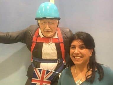 Rosie with her re-creation of Boris Johnson's aborted zipwire journey