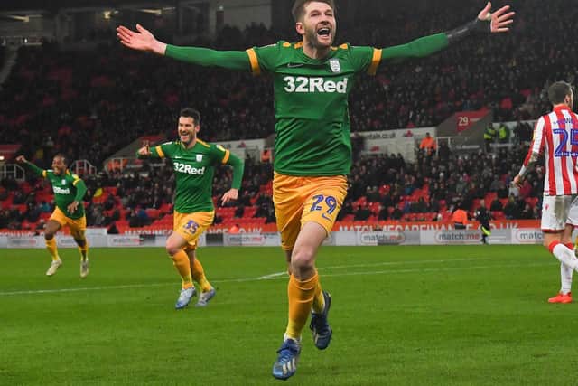 Tom Barkhuizen after scoring PNE's second goal at Stoke