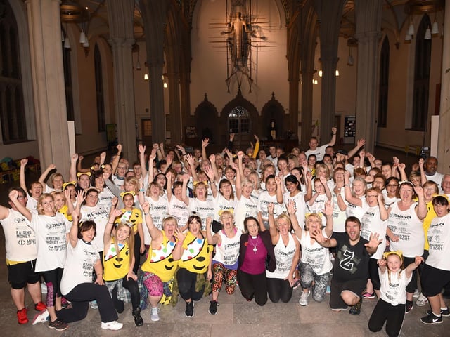 Smiles for the camera before the 2018 Ministry of Sport sponsored mass Zumbathon at Blackburn Cathedral in aid of Children in Need gets underway Pictures: Sara Cuff for Blackburn Diocese