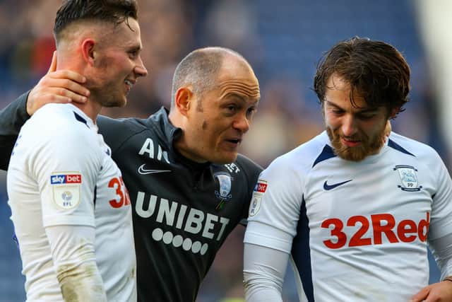 Alan Browne (left) and Ben Pearson with North End boss Alex Neil