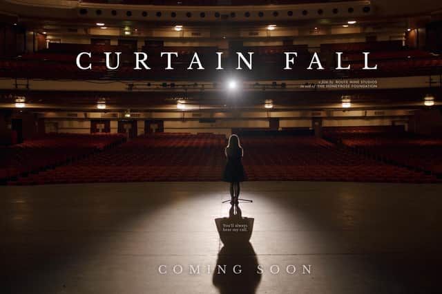 The poster for 'Curtain Fall', a film produced by Route Nine Studios for The Honey Rose Foundation.