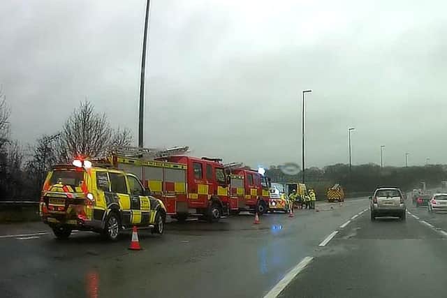 Two men have been taken to hospital suffering from back injuries after the crash near junction 30 this morning (February 20)