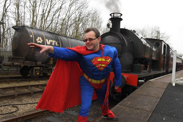Superhero day at Ribble Steam Railway and Museum
Faster than a speeding train ... Martin Clarke as Superman.