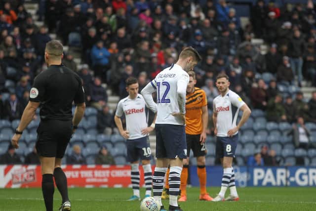 Paul Gallagher turns his back to the ball before scoring PNE's equaliser from the penalty spot against Hull City