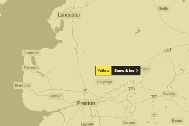 The yellow weather warning for snow and ice is in place for the whole of Lancashire from 8pm tonight (Tuesday, February 25) to 10am tomorrow. Pic: Met Office