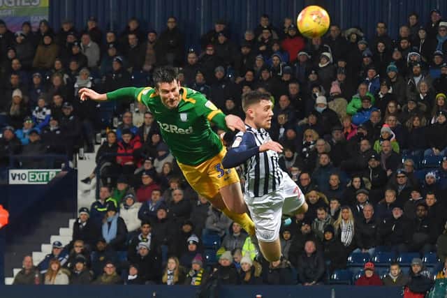 Preston striker David Nugent goes close with a header against West Bromwich Albion