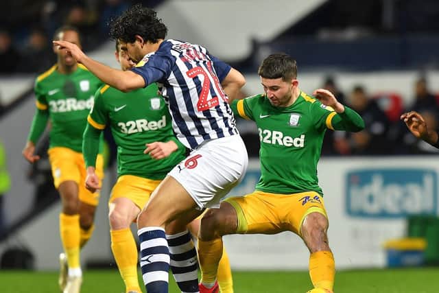 Preston's Sean Maguire shields the ball against West Bromwich Albion at The Hawthorns