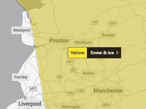 The Met Office has issued a yellow weather warning covering the county, with wintry showers falling as a mixture of hail, sleet and snow. (Credit: Met Office)