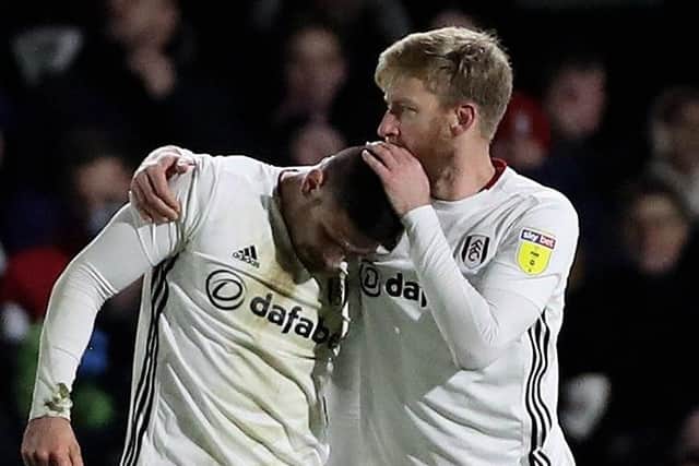 Fulham’s Aleksandar Mitrovic (left) after scoring his side’s late winner against Swansea on Wednesday night