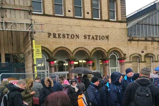 Passengers and train staff have been evacuated from Preston Railway Station this morning after a fire alarm was sounded. Pic: Christopher Hand
