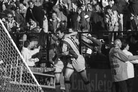 Neil Trebble celebrates scoring his stoppage-time winner for Preston against Fulham in September 1994