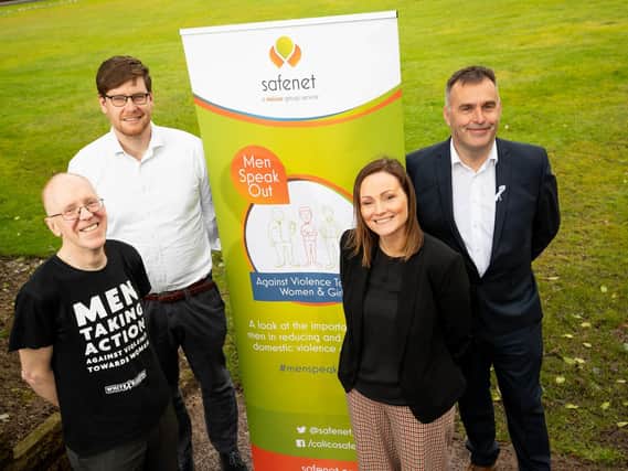 From left, Chris Green, founder of White Ribbon UK, Luke Hart, domestic abuse advocate, Anthony Duerden, CEO of The Calico Group and Alex Atkinson, Head of SafeNet Services