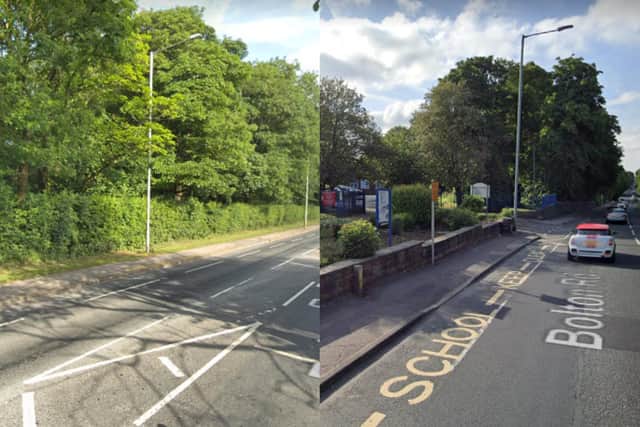 A6 Bolton Road: the existing town centre-bound cycle lane will be replaced with a segregated cycleway (left) and a toucan crossing will replace the current traffic island outside the Albany Academy (right) [images:  Google Streetview]