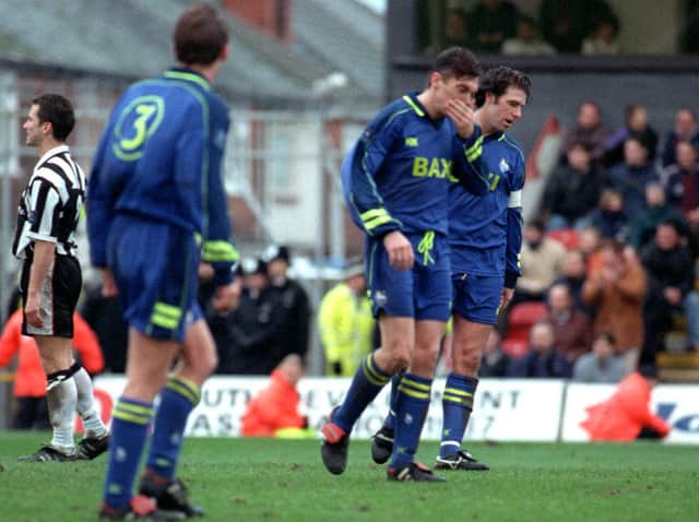 Preston's Dominic Ludden, David Eyres and Sean Gregan during the defeat at Grimsby