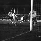 Alex Bruce scores for Preston North End against Derby in January 1979