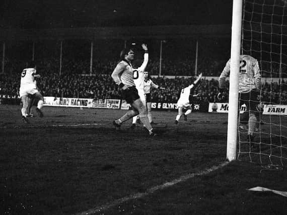 Alex Bruce scores for Preston North End against Derby in January 1979