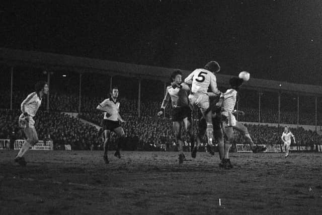 The Preston defence clear their lines against Derby in the FA Cup in 1979
