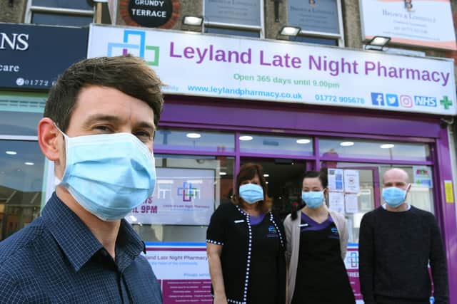 Staff at Leyland Late Night Pharmacy are wearing face masks and gloves, as a precaution against coronavirus. Pictured: Richard Snape, Kate Catterall, Danni Daly and Liam Kitchen