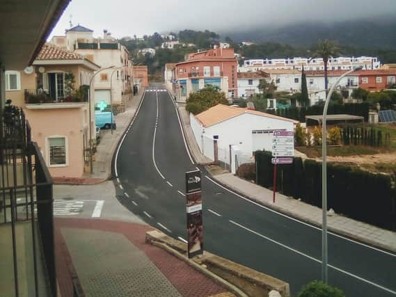Deserted street outside Mick Dennisons apartment in Javea, Spain