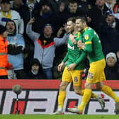 Preston midfielder Alan Browne celebrates with David Nugent after scoring against Leeds United at Elland Road on Boxing Day