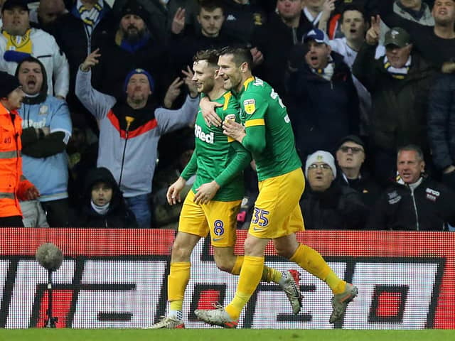 Preston midfielder Alan Browne celebrates with David Nugent after scoring against Leeds United at Elland Road on Boxing Day