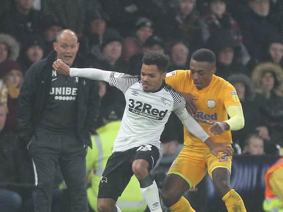 Preston right-back Darnell Fisher in action against Derby at Pride Park earlier in the season