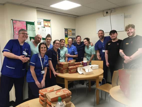 Staff at Lancashire Teaching Hospitals with their gifts from local businesses and restaurants