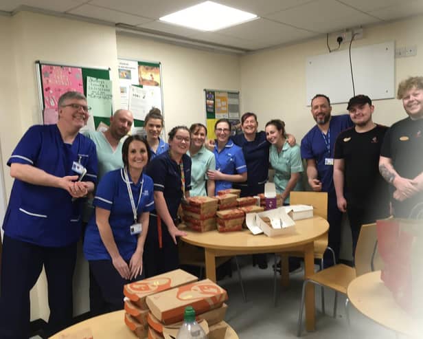 Staff at Lancashire Teaching Hospitals with their gifts from local businesses and restaurants