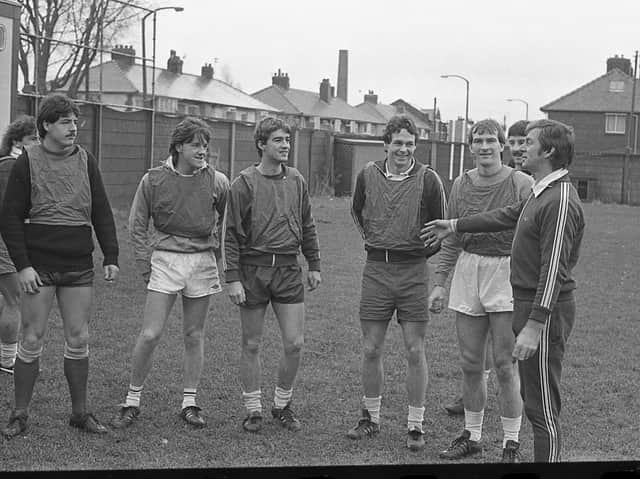Alan Kelly with some of the Preston North End squad at the Lowthorpe Road training ground in December 1983