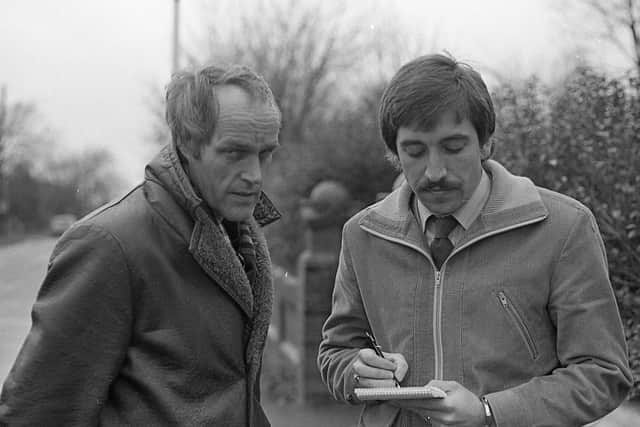 Gordon Lee is interviewed by Lancashire Evening Post reporter Paul Agnew after his sacking by Preston North End in December 1983