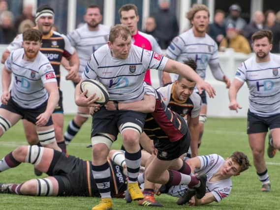 Match action from Preston Grasshoppers' 49-5 defeat  defeat to champions Caldy at Lightfoot Green earlier this month
Photo: Mike Craig