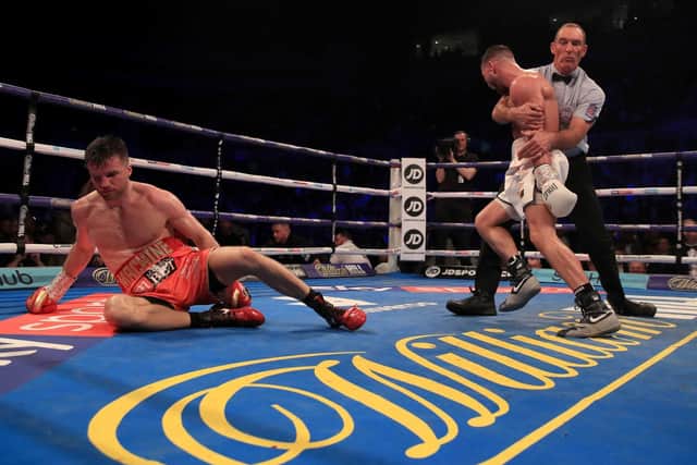 Scott Fitzgerald sends Anthony Fowler to the canvas in the final round of their clash in Liverpool last year