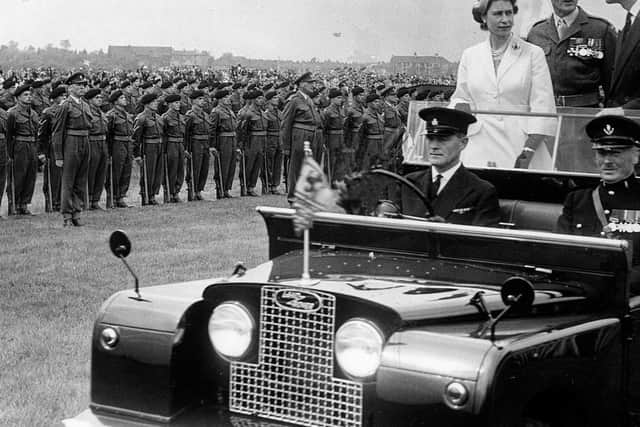Queen, Colonel-in-Chief of The Loyal Regiment (North Lancashire), reviewing the 1st Battalion on Stockton-on-Tees Racecourse in May 1956
Photo: Lancashire Infantry Museum