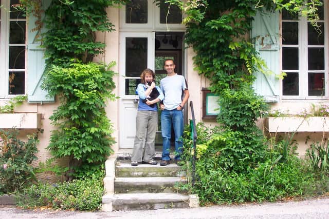 Julia and her husband at the French auberge which was their home for six years