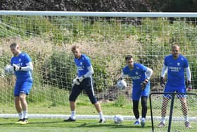 Preston's four goalkeepers - Connor Ripley, Declan Rudd, Mathew Hudson and Michael Crowe in pre-season training at Springfields in July 2019