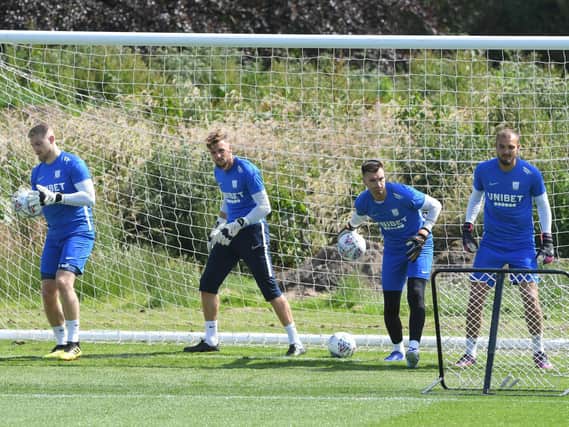 Preston's four goalkeepers - Connor Ripley, Declan Rudd, Mathew Hudson and Michael Crowe in pre-season training at Springfields in July 2019