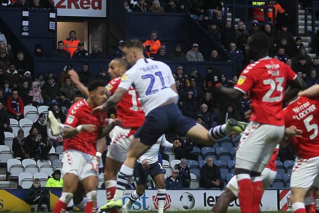 Preston defender Patrick Bauer scores against his former club Charlton Athletic at Deepdale in January
