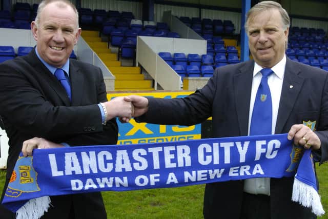 Tony Hesketh with chairman Ian Sharp when he was installed as manager of Lancaster City