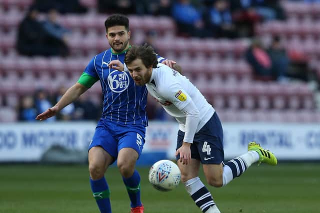 Preston North End midfielder Ben Pearson in action in the victory against Wigan Athletic in February