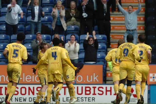 PNE players rush to congratulate Simon Whaley after he scored the equaliser against Leicester