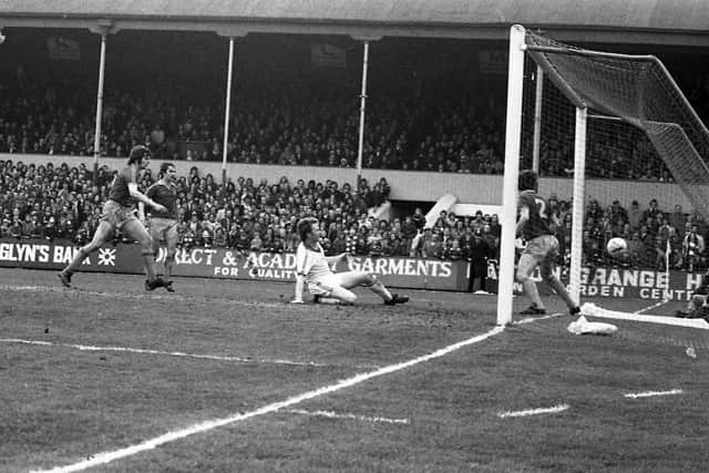 Alex Bruce scores PNE's equaliser against Shrewsbury at Deepdale in April 1978