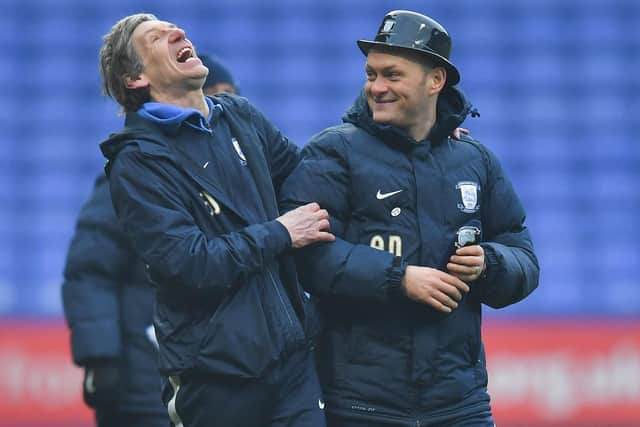 North End manager Alex Neil shares a joke with PNE kitman Steve Cowell on Gentry Day at Bolton in 2018