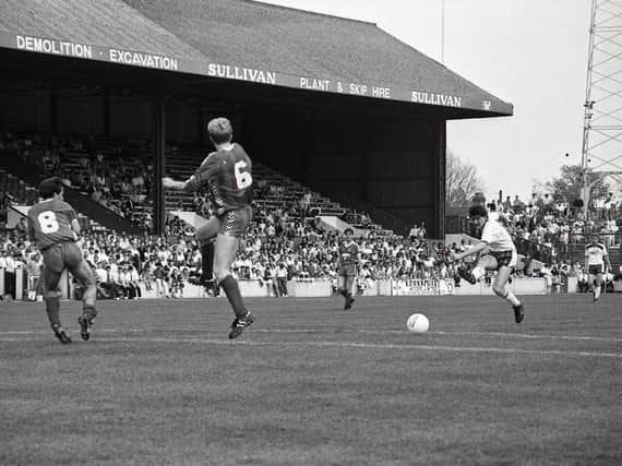 PNE midfielder Gary Swann has a shot in the game against Orient at Brisbane Road in April 1987