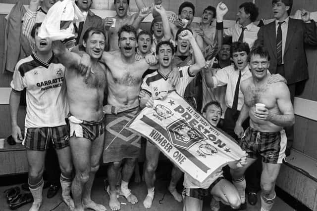 The Preston North End players celebrate promotion at Orient in April 1987